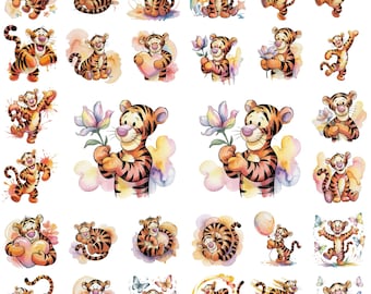 Tigger Watercolor PNG Bundle, Cute Tiger Clipart, Orange Cartoon Sticker PNG