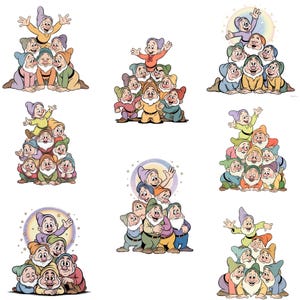 May include: A collection of cartoon images featuring the Seven Dwarfs from Snow White. Each image shows the dwarfs stacked on top of each other in a pyramid shape. The dwarfs are wearing colorful outfits and smiling.