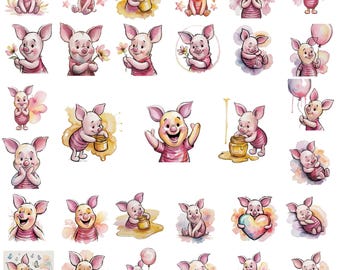 Piglet Watercolor PNG Bundle, Cute Pink Piglet Clipart, Baby Nursery Sticker PNG