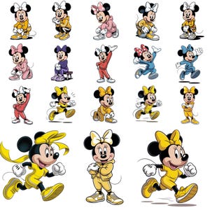 May include: A collection of cartoon illustrations of Minnie Mouse in various athletic poses. Minnie is depicted in different outfits, including tracksuits and athletic wear, with bows and sneakers. The color palette includes yellow, pink, red, blue, and purple.