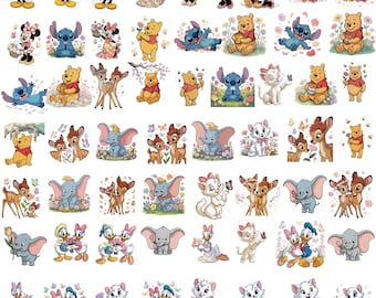 ミッキー、ミニー、スティッチ、プーさん、バンビ、ダンボ、マリーのPNGバンドル、かわいい赤ちゃん漫画花柄クリップアート、保育園昇華デザイン