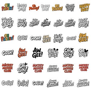 Può includere: Una collezione di grafiche testuali in stile cartone animato con frasi come "Oh Phooey!", "Happy Day!", "Hot Dog!" e "So Sweet!" in vari colori e caratteri. Le frasi sono in uno stile giocoso da fumetto.