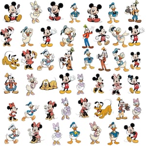 Pacchetto di immagini PNG di cartoni animati classici, personaggi di Topolino, Paperino e Pippo, clipart in stile vintage, download immediato.