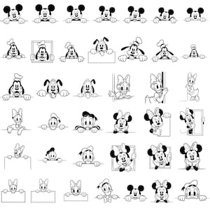 May include: Black and white illustrations of various Disney characters, including Mickey Mouse, Goofy, Pluto, Donald Duck, Daisy Duck, and Minnie Mouse. The characters are in different poses, some holding signs or frames.