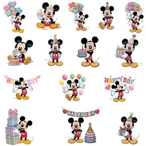 Puede incluir: Una colección de imágenes de dibujos animados de Mickey Mouse en varias poses temáticas de cumpleaños. Mickey se muestra sosteniendo globos, un pastel, regalos y usando un gorro de fiesta. Las imágenes presentan una paleta colorida con acentos rojos, amarillos y azules.