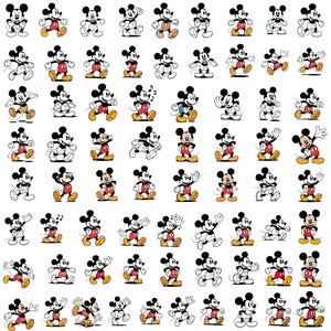 Puede incluir: Un patrón repetitivo de Mickey Mouse en varias poses. Mickey se representa en su estilo clásico con orejas negras, pantalones cortos rojos, zapatos amarillos y guantes blancos. Las poses incluyen caminar, saludar y cantar, todo sobre un fondo blanco.