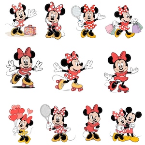 May include: A collection of cartoon illustrations featuring Minnie Mouse in various poses. She is depicted wearing a red dress with white polka dots, a matching bow, and yellow shoes. Some images show her with a suitcase, roller skates, a tennis racket, shopping bags, and balloons.