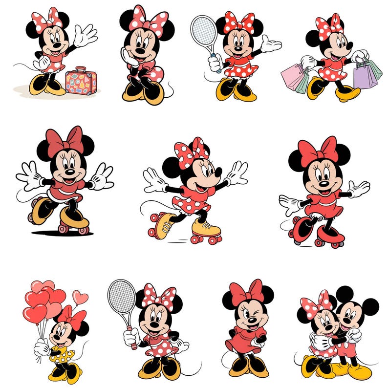 May include: A collection of cartoon illustrations featuring Minnie Mouse in various poses. She is depicted wearing a red dress with white polka dots, a matching bow, and yellow shoes. Some images show her with a suitcase, roller skates, a tennis racket, shopping bags, and balloons.