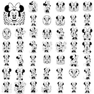Może przedstawiać: Kolekcja czarno-białych ilustracji Myszki Minnie w r&oacute;żnych pozach i stylach. Obrazy obejmują projekty pełnej sylwetki i portret&oacute;w, niekt&oacute;re z dekoracyjnymi ramkami i kokardkami. Og&oacute;lnym tematem są postacie z kresk&oacute;wek.
