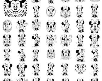 Minnie Mouse PNG Bundle, Black White Line Art Minnie Clipart, Tattoo Style Design
