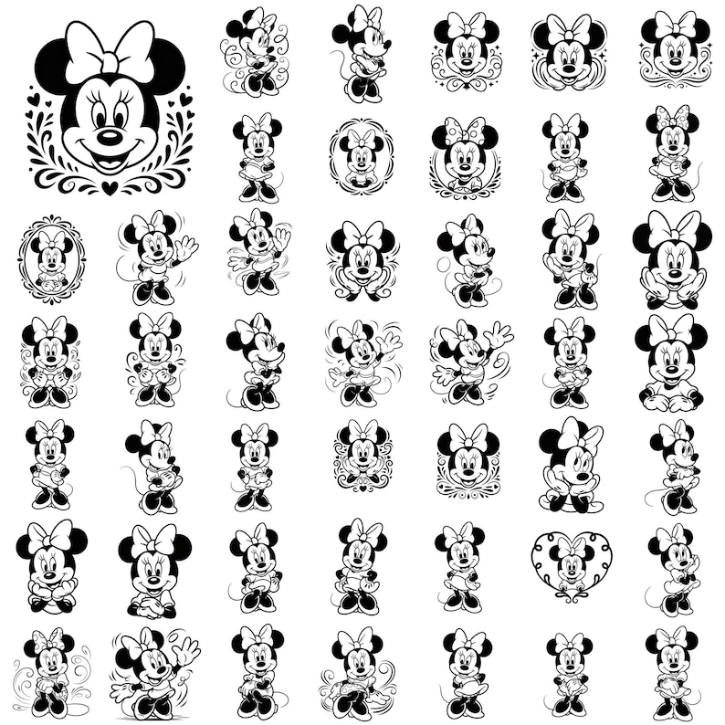 Może przedstawiać: Kolekcja czarno-białych ilustracji Myszki Minnie w r&oacute;żnych pozach i stylach. Obrazy obejmują projekty pełnej sylwetki i portret&oacute;w, niekt&oacute;re z dekoracyjnymi ramkami i kokardkami. Og&oacute;lnym tematem są postacie z kresk&oacute;wek.