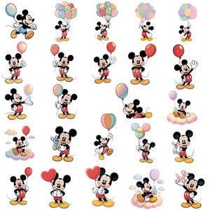 May include: A collection of cartoon Mickey Mouse images in various poses, each holding colorful balloons. Mickey is depicted in his classic red shorts, yellow shoes, and black ears. Some images show Mickey on clouds or with other toys.