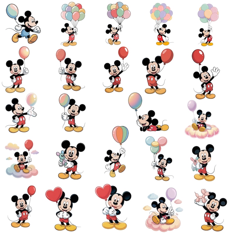 May include: A collection of cartoon Mickey Mouse images in various poses, each holding colorful balloons. Mickey is depicted in his classic red shorts, yellow shoes, and black ears. Some images show Mickey on clouds or with other toys.