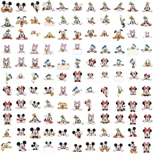 May include: A collection of cartoon character stickers featuring Mickey Mouse, Minnie Mouse, Donald Duck, Daisy Duck, Goofy, and Pluto. The characters are in various poses, some holding signs. The stickers are colorful and suitable for children.