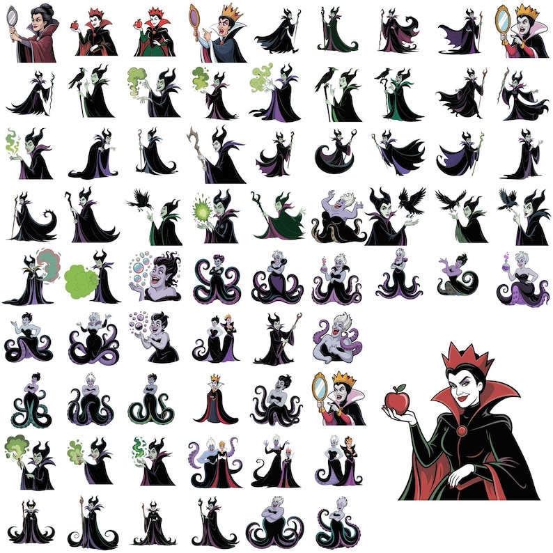 May include: A collection of cartoon illustrations of various female villains. The images feature characters in dark attire, often with dramatic poses and accessories like mirrors, ravens, and magic. The color palette is dominated by black, purple, and green.