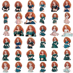 May include: A collection of illustrations featuring a character with vibrant red curly hair. The character is depicted in various outfits, including dresses, skirts, and tops in shades of blue, green, and pink. The illustrations have a cartoon style.