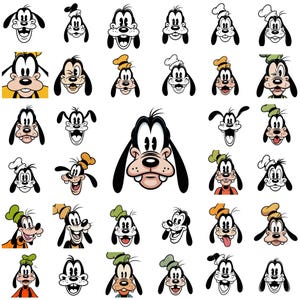 May include: A collection of cartoon illustrations featuring the character Goofy. The images showcase Goofy's face with various expressions, wearing different hats, and in different poses. The illustrations are in black, white, and shades of tan and yellow.