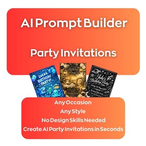 May include: The image showcases three party invitation designs. The text reads "AI Prompt Builder" and "Party Invitations." Additional text includes "Any Occasion, Any Style, No Design Skills Needed, Create AI Party Invitations in Seconds."