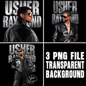 Könnte beinhalten: Drei digitale Grafikdateien mit dem Künstler Usher Raymond. Die Bilder zeigen den Künstler in schwarzen Lederjacken und Sonnenbrillen, mit dem metallisch silbernen Schriftzug Usher Raymond. Die Dateien haben einen transparenten Hintergrund.