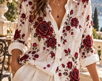 Röd rosblommig blus, vit skjorta med knappar för kvinnor, romantisk rosentopp, blommig skjorta i vintagestil, elegant sommarblus, bohotopp