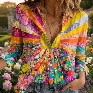 May include: A long-sleeved button-down shirt featuring a vibrant sunburst pattern radiating from the centre. The design incorporates bright yellow, orange, pink, and teal stripes interspersed with detailed floral prints and abstract patterns.