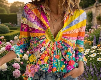 Retro 70-talsblus i linnelook med solsken, regnbågsblommig hippieskjorta, psykedelisk festivaltopp, maximalistiska bohemiska damkläder