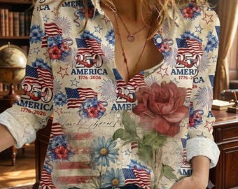 USA 250-årsjubileum Långärmad skjorta Vintage patriotisk blus för kvinnor Amerikansk flagga Sliten ros Botanisk blomma 1776 2026 Heritage-topp