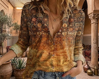 Boho linnelookblus, vintage blommig gobelängskjorta med knappar, rustik jordnära topp, långärmad boho höstkläder för kvinnor