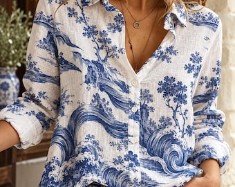 Blå Toile de Jouy-blus, Chinoiserie-linneskjorta för kvinnor, Ocean Wave Button Down-topp, kuststil, blå och vit mönsterskjorta