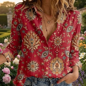 Puede incluir: Una camisa de manga larga con botones en un tono rojo vibrante, con un intrincado patrón floral y de cachemira multicolor en tonos dorados, verde azulado y crema. La camisa tiene un cuello clásico, una tapeta de botones frontal y puños.