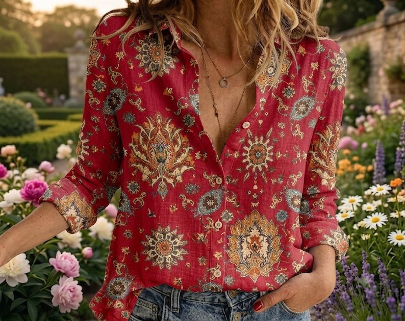 May include: A long-sleeved button-down shirt in a vibrant red hue, featuring an intricate, multi-colored floral and paisley pattern in shades of gold, teal, and cream. The shirt has a classic collar, a front button placket, and cuffed sleeves.