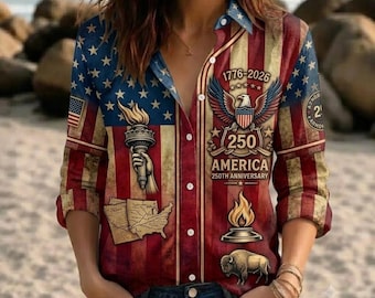 USA:s linneskjorta för 250-årsjubileum, damskjorta med vintage-motiv och amerikansk flagga, retro patriotisk långärmad blus, amerikanskt 1776-2026-present till fans