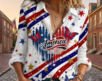 USA 250:e amerikansk långärmad skjorta för 4 juli-paraden, patriotisk blus för kvinnor, amerikansk flagga, fjärilsstjärnrandig retro 1776 2026, firatopp