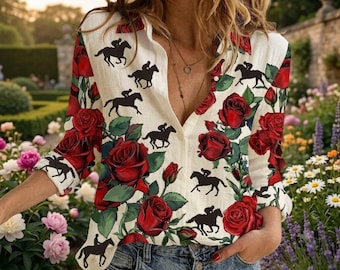 Kentucky Derby-blus i linnelook, rödrosskjorta för hästkapplöpning, topp med knappar för ridning, preppy kläder för kvinnor i sydstatsstil