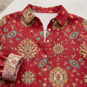 Red Boho Paisley Linen Look Blouse, Vintage Mandala Button Down Shirt, Ethnic Tapestry Top, Retro Fall Floral Women Apparel image 2
