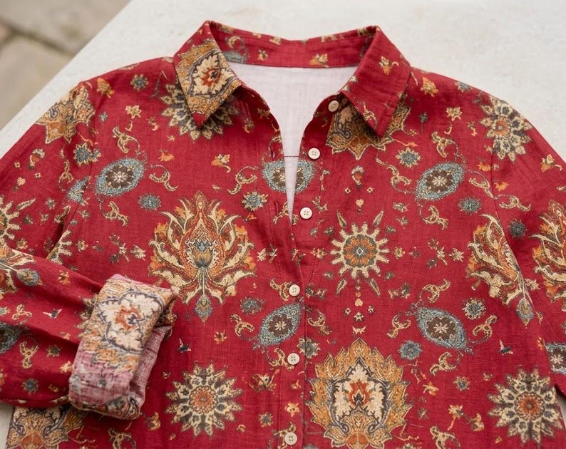Red Boho Paisley Linen Look Blouse, Vintage Mandala Button Down Shirt, Ethnic Tapestry Top, Retro Fall Floral Women Apparel image 2