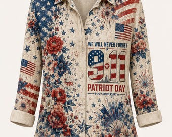 9/11 Memorialblus, Patriot Day 25-årsjubileumströja, Vi kommer aldrig att glömma 11 september damtopp, Patriotisk blus med amerikansk flagga
