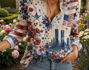 9/11 Memorialblus, Patriot Day 25-årsjubileumströja, Vi kommer aldrig att glömma 11 september damtopp, Patriotisk blus med amerikansk flagga