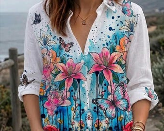 Vintage Akvarell Linne Look Skjorta Retro Blommig Fjäril Damblus Bläckskiss Liljegrafik Långärmad Nyckfull Sommarresorttopp
