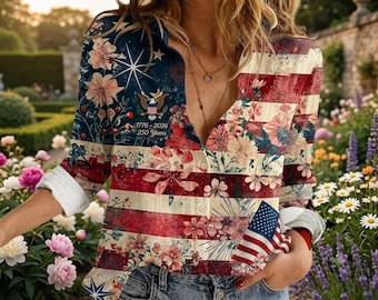 Vintage amerikansk skjorta i linnelook med blommig amerikansk flagga, blus i Cottagecore, patriotiskt tryck, långärmad topp med knappar 1776-2026, firande