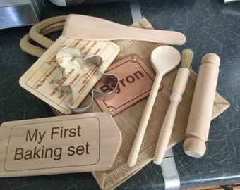 Baking play set made from food grade materials in a personalised hessian bag free U.K. delivery