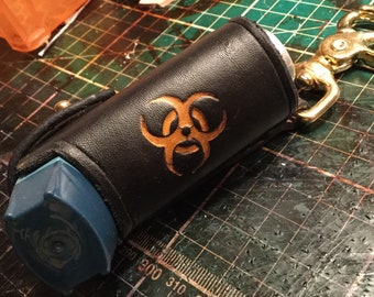 Fallout inspired, Asthma Inhaler pouch sleeve. Biohazard, handmade from Full grain High quality leather. Free UK delivery.