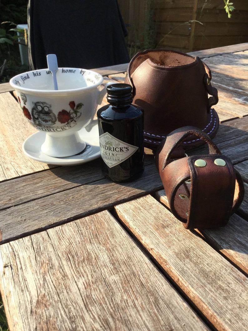 Steampunk Leather Hendricks Gin teacup and saucer holster. Free UK Delivery. genuine handmade leather pouch. image 3