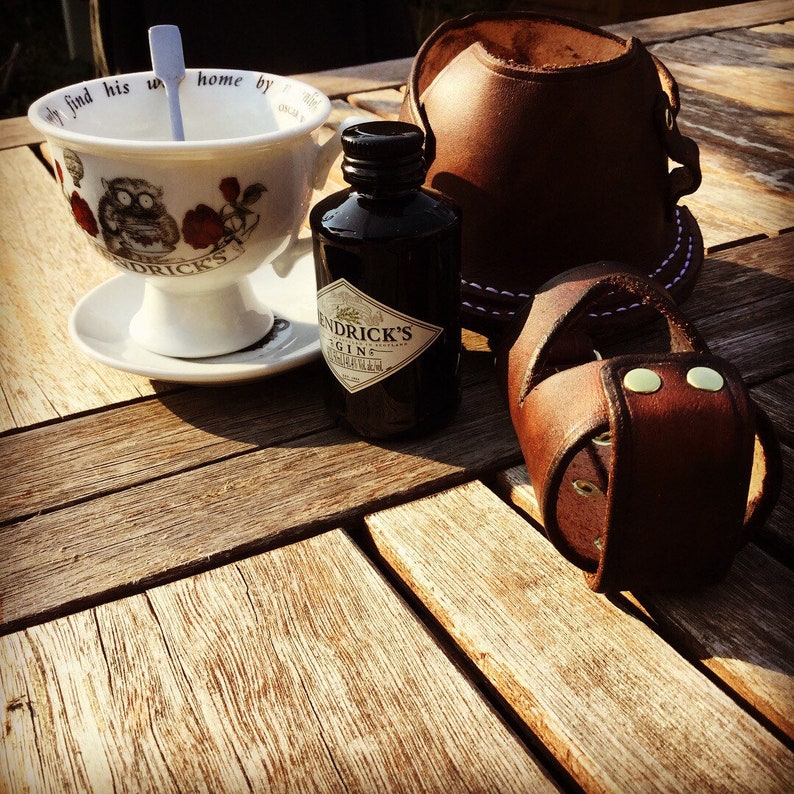 Steampunk Leather Hendricks Gin teacup and saucer holster. Free UK Delivery. genuine handmade leather pouch. image 2