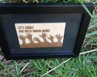 Share your love of horror films. Framed engraved wooden plaque free U.K. delivery