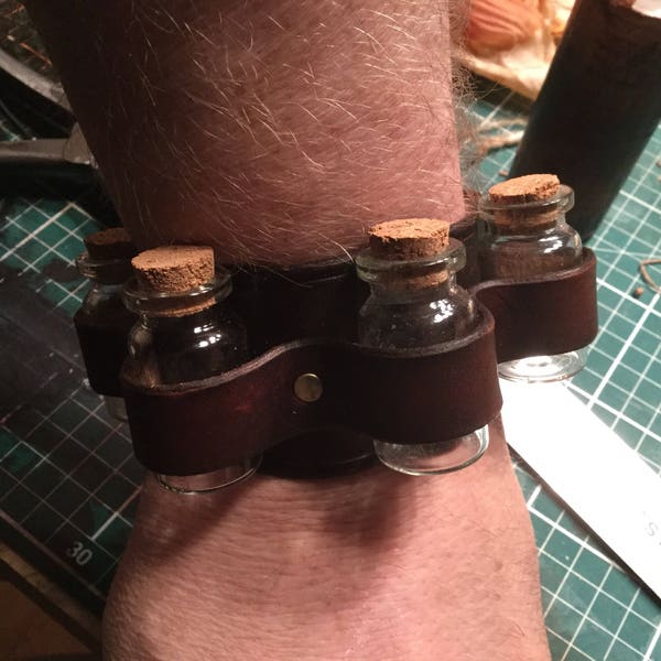 Handmade Steampunk apothecary leather cuff. Leather bracelet. Free UK Delivery.