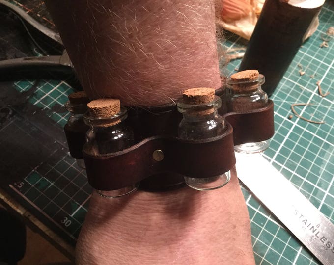 Handmade Steampunk apothecary leather cuff. Leather bracelet. Free UK Delivery.