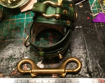 Luxury Handmade Leather Bondage Cuff Set, cuff play, bracelets, Lined in Suede with Brass Fittings and Double Ended Trigger Clip.
