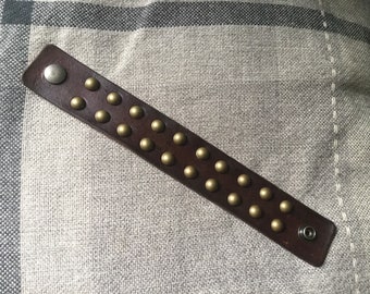 Hand made leather cuff bracelet with 10mm Dome Studs in antique brass free U.K. delivery
