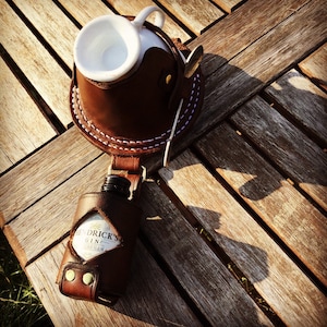 Steampunk Leather Hendricks Gin teacup and saucer holster. Free UK Delivery. genuine handmade leather pouch. image 1